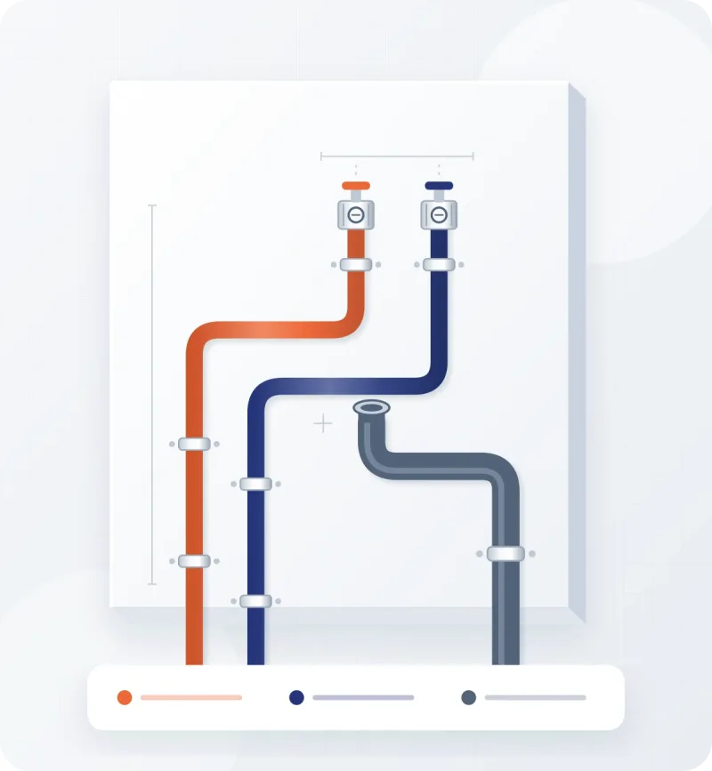 Neutrale technische Illustration separater Warmwasser-, Kaltwasser- und Abwasserleitungen mit Anschlussstellen. Kein Projektfoto und keine Ausführungsplanung.