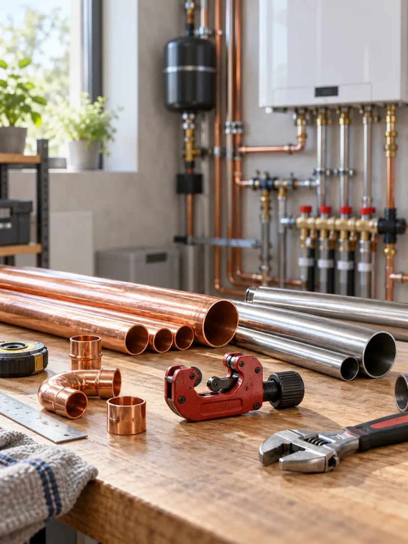 KI-Visualisierung: Werkzeuge und Rohrmaterialien in einer neutralen technischen Arbeitsumgebung. Kein Kundenprojekt.