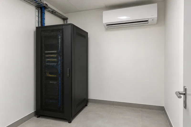KI-Konzeptvisualisierung: Kleiner neutraler Technikraum mit Netzwerkschrank und einfacher Raumklimatisierung. Übergangsmotiv, kein Micklitza-Kundenprojekt.