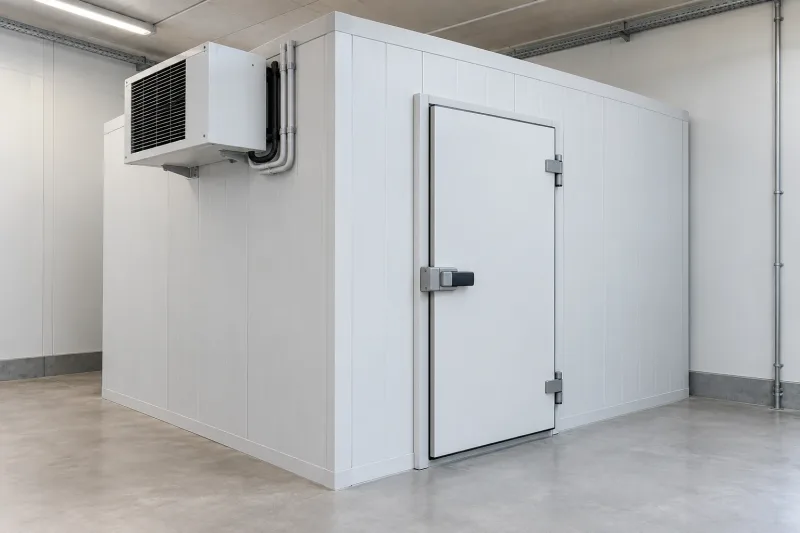 KI-Konzeptvisualisierung: Neutrale gewerbliche Kühlzelle mit geschlossener Tür und sichtbarer Kältetechnik in einem einfachen Nebenraum. Übergangsmotiv, kein Micklitza-Kundenprojekt.